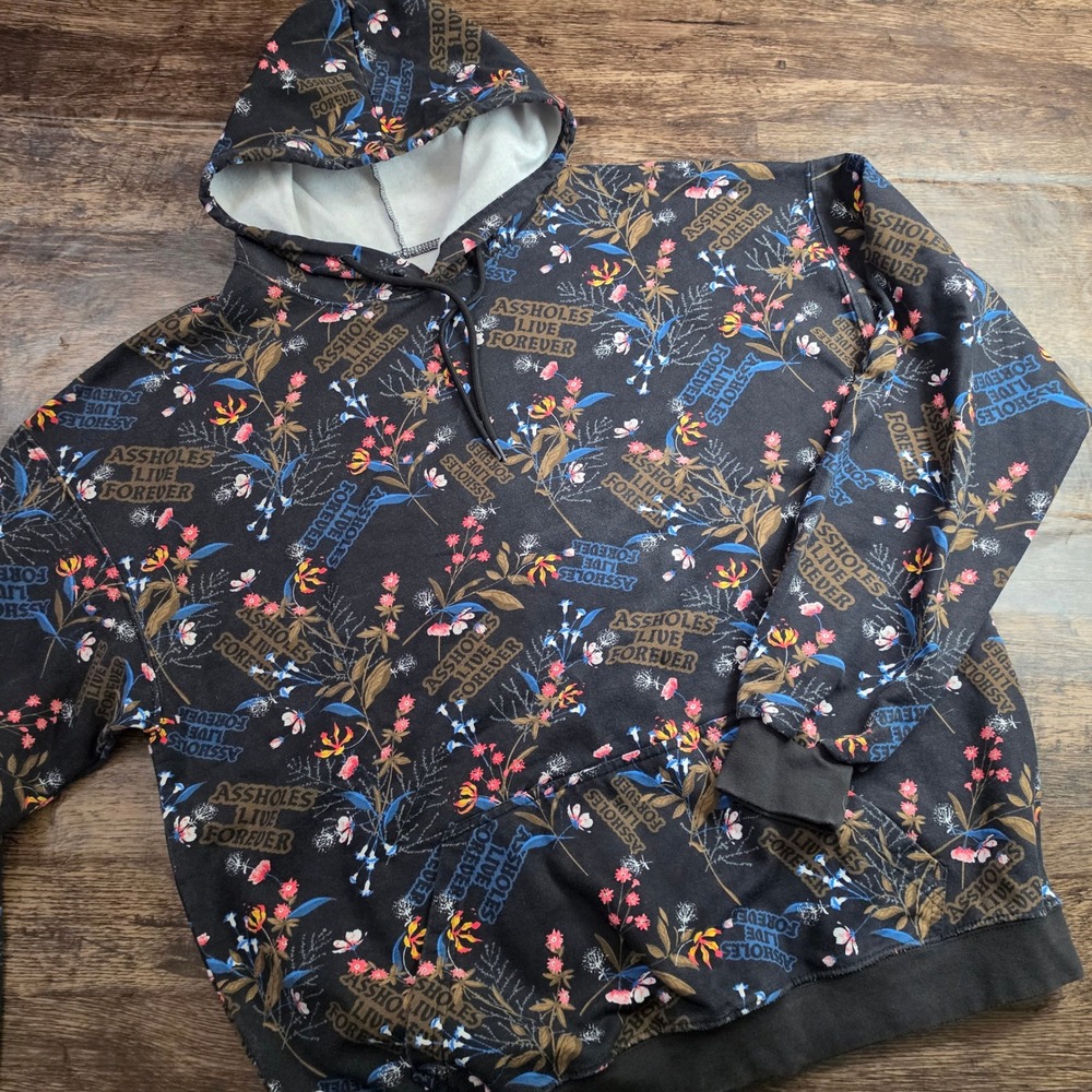 ASSHOLES LIVE FOREVER Hoodie Mens XL Black Floral Print Streetwear Pullover
